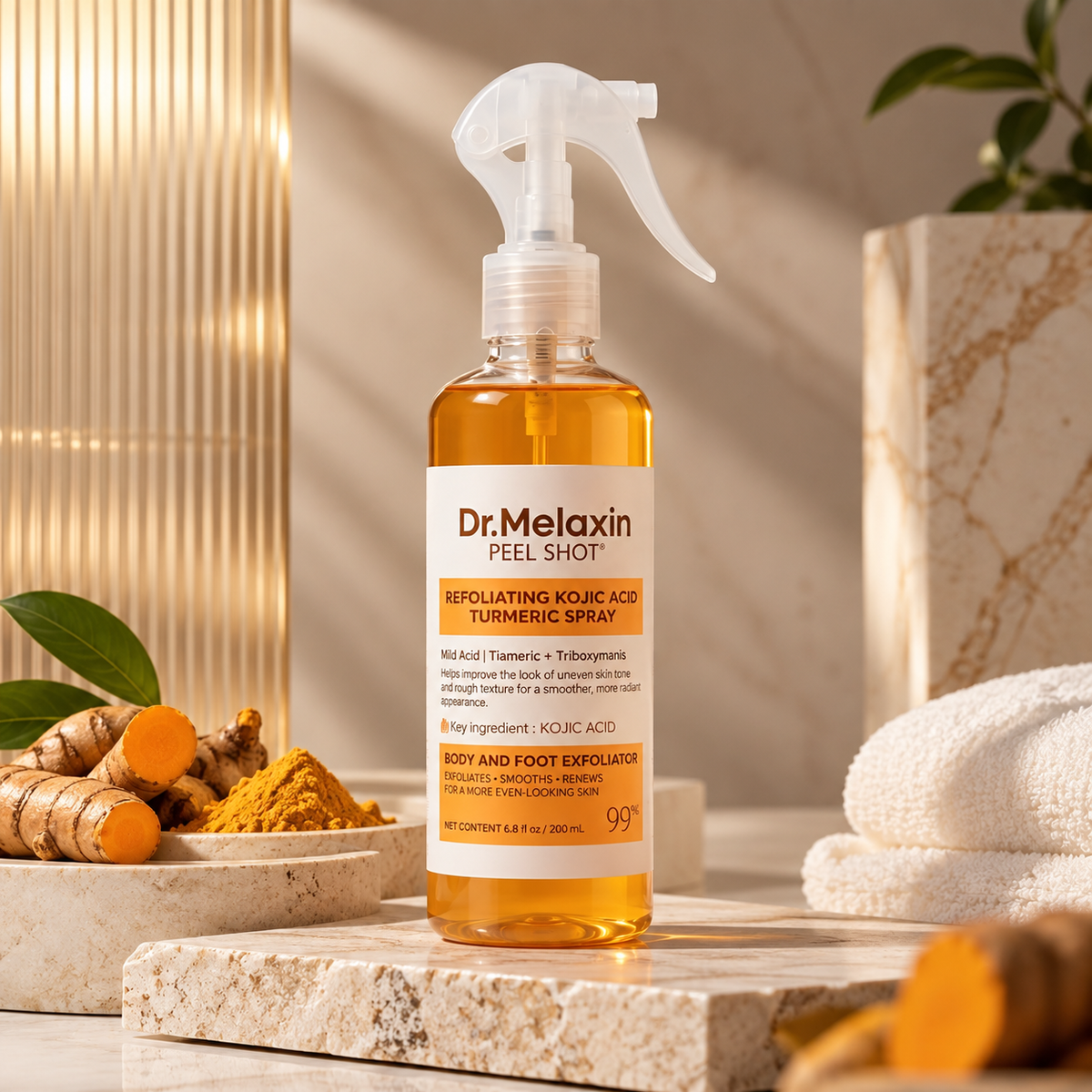 Dr. Melaxin PEEL SHOT™ — Spray Exfoliante Corporal de Ácido Kójico & Cúrcuma